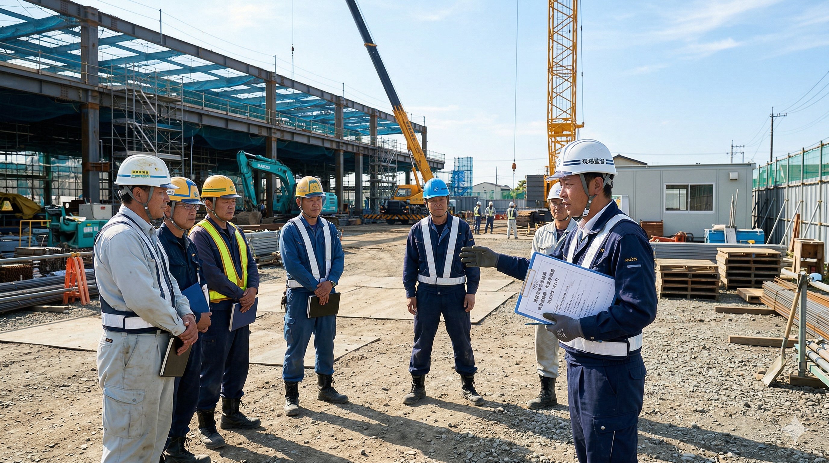 建設現場で現場監督が作業員に熱中症対策の義務化内容を周知している様子