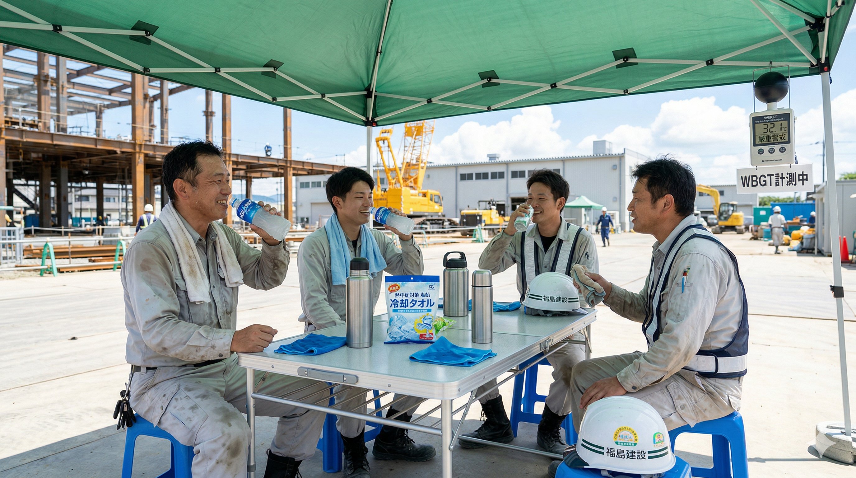 建設現場の休憩スペースでWBGT計を確認しながら水分補給する作業員たち