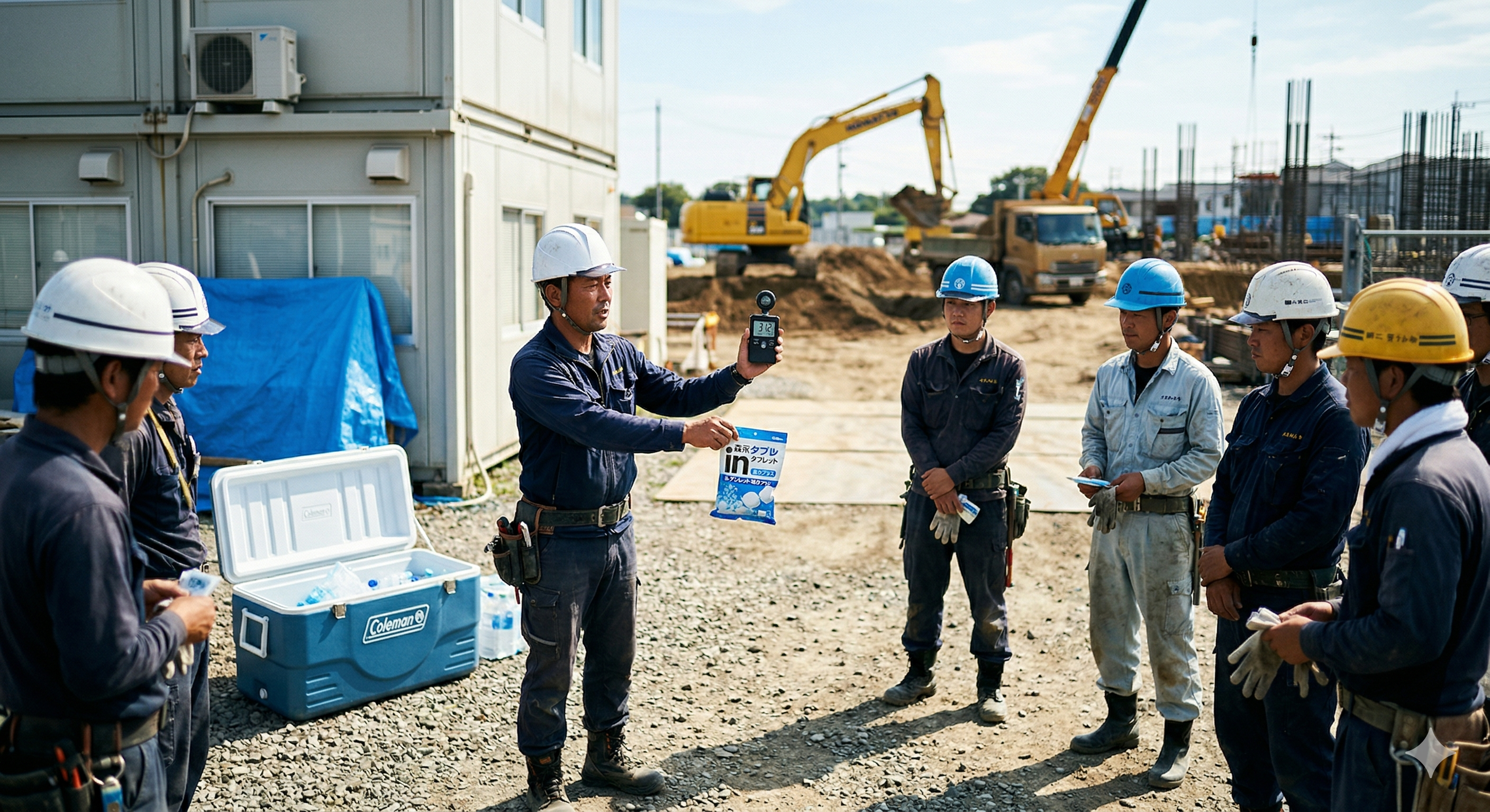 建設現場の朝礼でWBGT計と塩タブレットを配布する現場監督