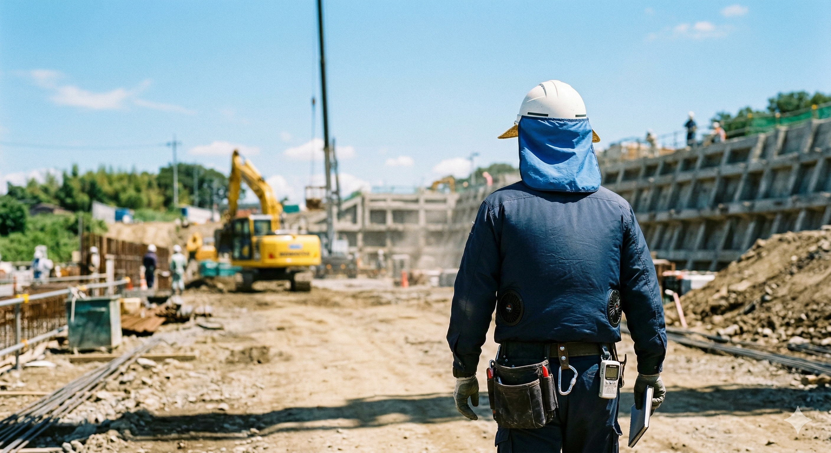 真夏の建設現場を巡回する現場監督の後ろ姿