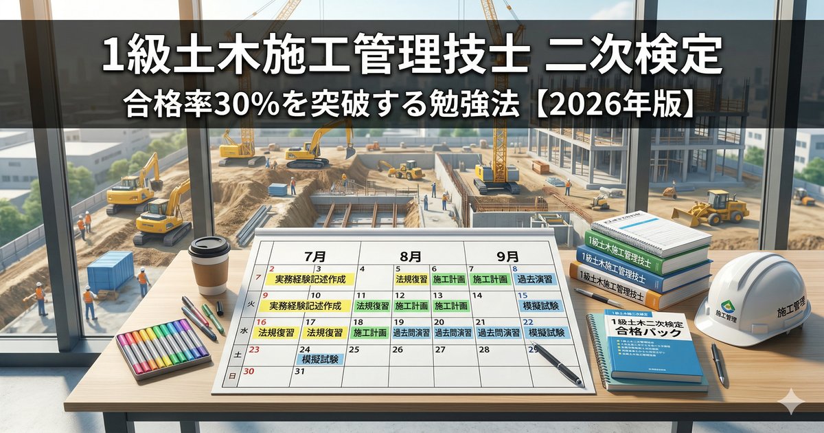 1級土木施工管理技士 二次検定の勉強法を解説するアイキャッチ画像