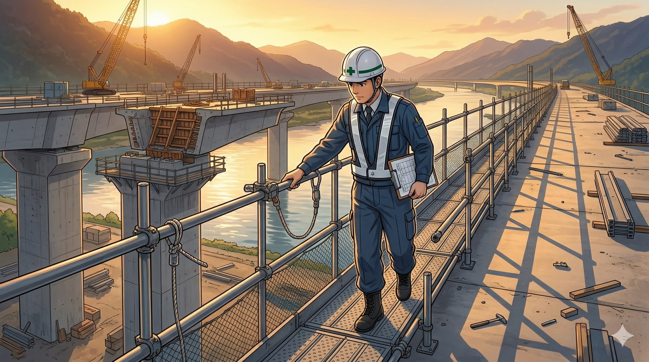 夕方の橋梁工事現場を巡回する現場監督の後ろ姿