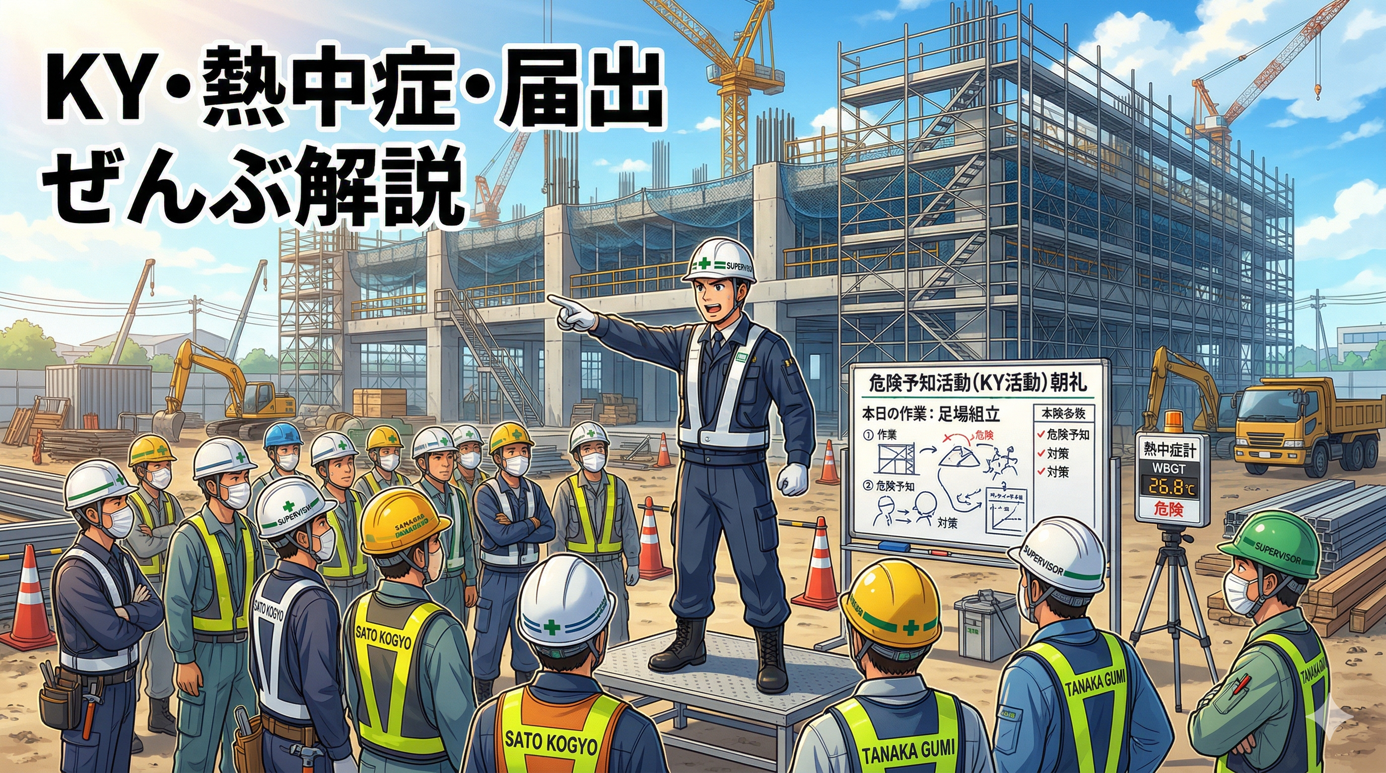 建設現場の朝礼で安全管理を説明する現場監督